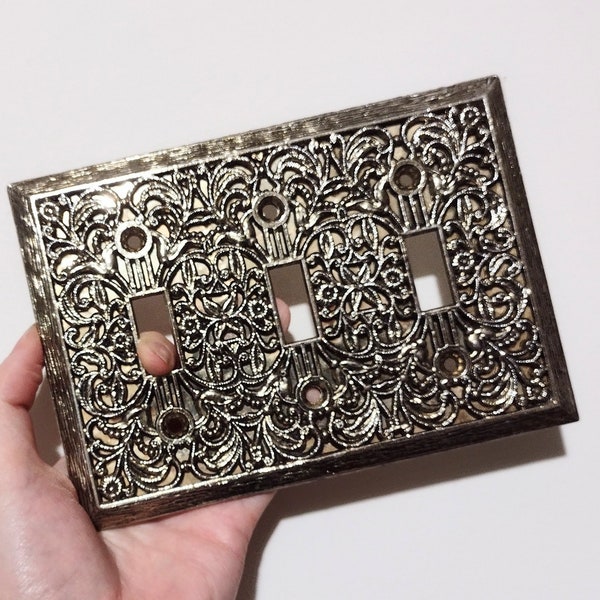 Vintage brass color metal ornated triple light switch cover - Mid century hollywood regency decor switch plate