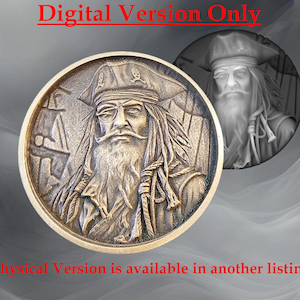 Op de afbeelding: Een digitale afbeelding van een bronskleurige munt met een gedetailleerd reliëf van een piraat met een lange baard en hoed. De munt heeft de tekst "Digital Version Only" in het rood. Een grijswaardenafbeelding van de piraat staat op de achtergrond.