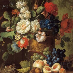 May include: A still life painting featuring a vase filled with a variety of flowers, including white roses, red carnations, and blue irises. The vase is decorated with a scene of two cherubs. Grapes, peaches, and a walnut are arranged on a table in front of the vase.