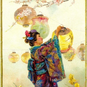 May include: A woman in a colorful kimono holds a yellow paper lantern. She is surrounded by other lanterns and flowers. The image is set against a background of a bamboo frame and a light blue sky.