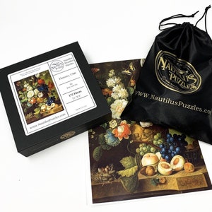 May include: A 172-piece jigsaw puzzle featuring a still life painting of flowers, fruit, and a bird's nest. The puzzle is made by Nautilus Puzzles and is 11 inches by 8 inches.