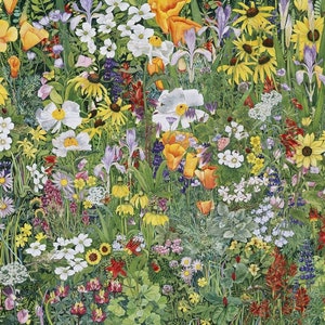 May include: A vibrant watercolor painting of a wildflower meadow. The artwork features a dense collection of various flowers in shades of yellow, white, orange, purple, and red, set against a backdrop of green foliage. The composition is rich in detail and color.