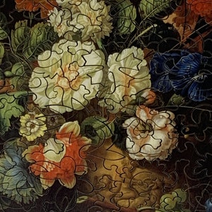 May include: A vintage still life painting featuring a vase filled with a variety of flowers, including white peonies, red carnations, and blue blossoms. The flowers are arranged in a loose, natural style, and the painting is done in a realistic style.