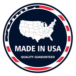 May include: Circular emblem with a dark blue background, featuring a white outline of the United States map. The text "MADE IN USA" is in white, with "QUALITY GUARANTEED" below. The border is red and white.