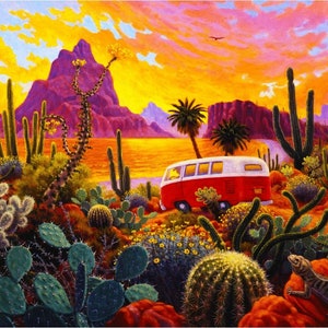 May include: A vibrant painting of a desert landscape at sunset. A red and white vintage van is parked among cacti and desert plants. The sky is filled with orange, yellow, and purple hues, with a lizard in the foreground.