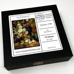 May include: A black box with a white label featuring a painting of a vase of flowers and fruit. The label also includes the text "Nautilus Wooden Puzzles", "Flowers, 1780", "by Jan van Os", "172 Pieces", "11" X 8"", and "www.NautilusPuzzles.com".