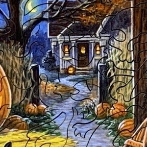 May include: A Halloween scene featuring a carved pumpkin, a house with illuminated windows, and a path leading towards the house. The scene is set at night with a crescent moon in the sky.
