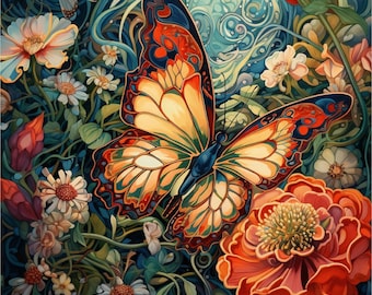 May include: A vibrant painting of a butterfly with orange, yellow, and blue wings, surrounded by colorful flowers and foliage. The artwork features a detailed, stained-glass effect, with a whimsical and artistic style. The background is a mix of blues and greens.
