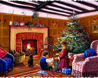 May include: An oil painting of a cosy living room with wood-panelled walls, a brick fireplace with a fire, and a decorated Christmas tree. A child in a blue vest and a child in a red dress sit on the floor opening gifts near a black cat.