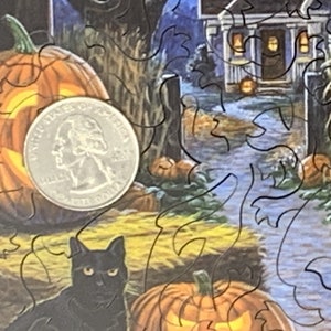 May include: A black cat sits in front of a jack-o'-lantern with a carved face. The cat has green eyes and is looking at the viewer. There is a quarter coin in the foreground. The scene is set in a spooky Halloween forest with a house in the background.