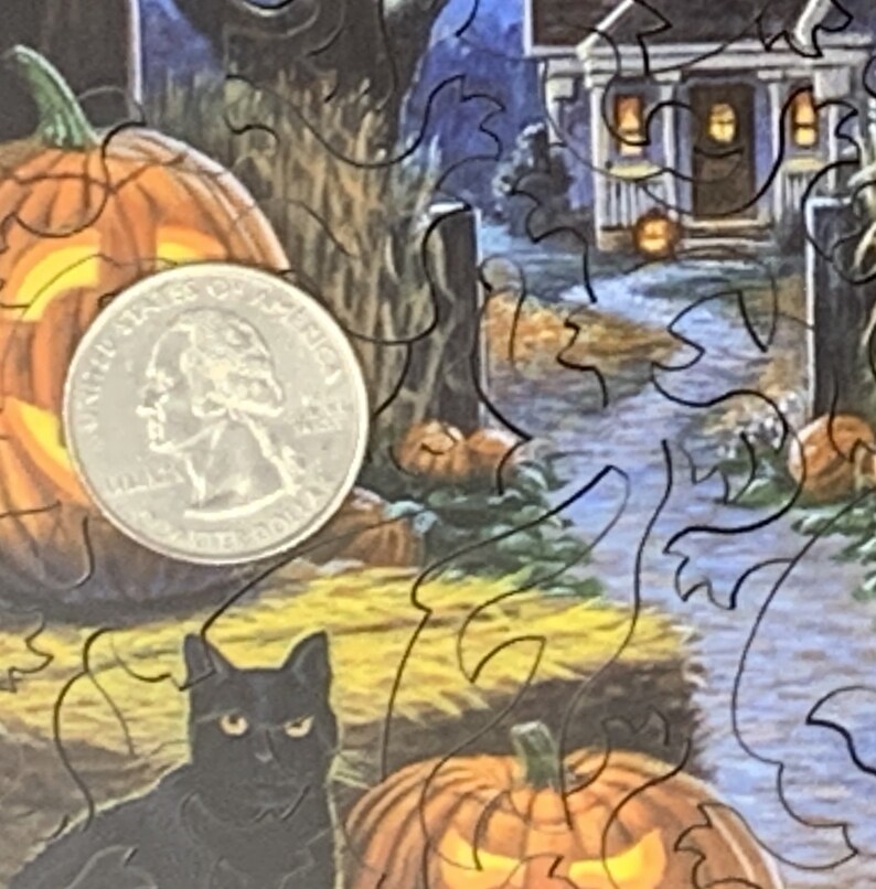 May include: A black cat sits in front of a jack-o'-lantern with a carved face. The cat has green eyes and is looking at the viewer. There is a quarter coin in the foreground. The scene is set in a spooky Halloween forest with a house in the background.