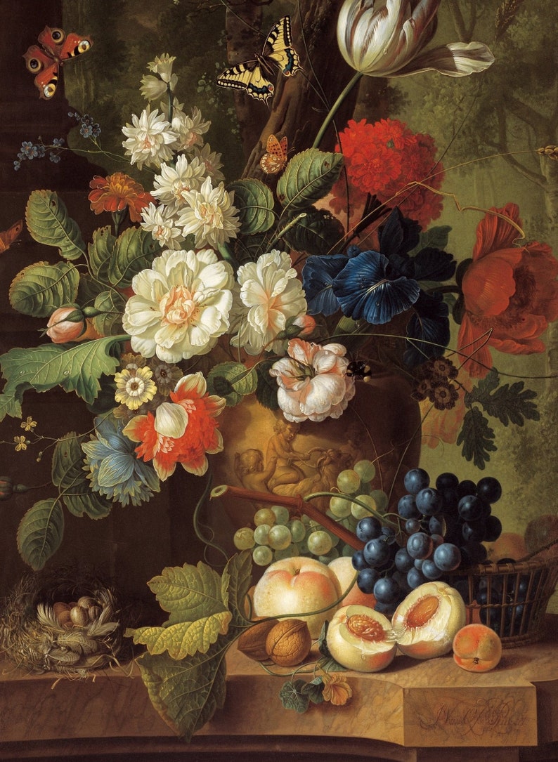 May include: A still life painting featuring a vase filled with a variety of flowers, including white roses, red carnations, and blue irises. The vase is decorated with a scene of two cherubs. Grapes, peaches, and a walnut are arranged on a table in front of the vase.