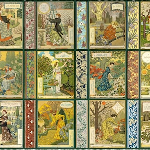 May include: A decorative calendar print featuring twelve rectangular panels, each representing a month of the year with French and English text. Each panel depicts a person in a seasonal garden setting, surrounded by intricate floral and botanical borders.