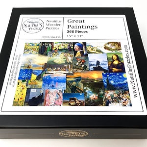 May include: A black box containing a jigsaw puzzle titled "Great Paintings" by Nautilus Puzzles. The puzzle features famous artworks and contains 366 pieces. The box is labeled 15" x 11" and includes the website www.NautilusPuzzles.com.