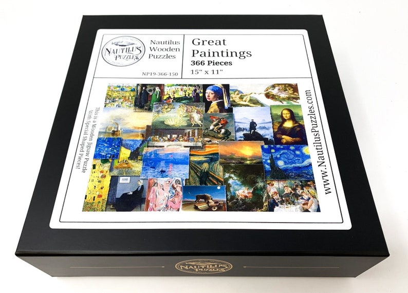 May include: A black box containing a jigsaw puzzle titled "Great Paintings" by Nautilus Puzzles. The puzzle features famous artworks and contains 366 pieces. The box is labeled 15" x 11" and includes the website www.NautilusPuzzles.com.