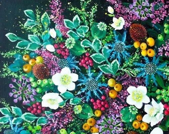 May include: A vibrant floral painting featuring a variety of blooms in shades of green, white, blue, purple, and yellow. The artwork showcases detailed brushstrokes and a dark background, creating a striking contrast.