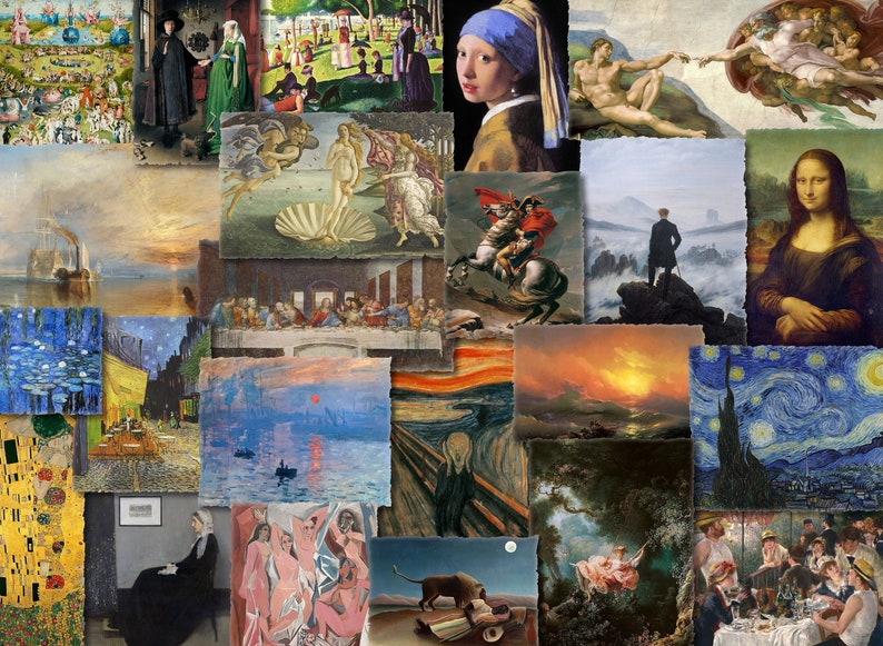 May include: A collage of famous paintings, including the Mona Lisa, Starry Night, and The Scream. The artwork spans various styles and periods, showcasing a diverse collection of iconic art pieces.