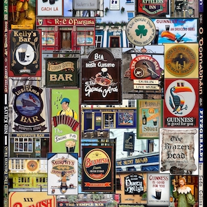 May include: A collage of Irish pub signs, featuring various establishments like Murphy's, Temple Bar, and The Brazen Head. The signs display text, logos, and illustrations, showcasing the diverse branding of Irish pubs.