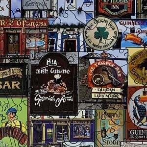May include: A jigsaw puzzle featuring various Irish pub signs. The signs display names like "The Temple Bar," "Guinness," and "The Singing Pub." The puzzle pieces are interlocked, creating a colorful collage of pub imagery.