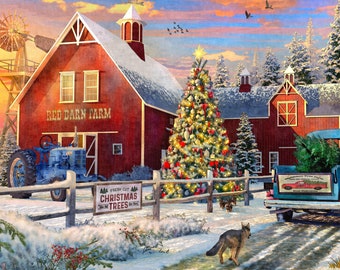Quebra-cabeça de madeira natalino Red Barn Farm para adultos, 200 peças, da Nautilus Puzzles® - Quebra-cabeça com formato de inverno, presente perfeito para o Natal e outras festas de fim de ano.