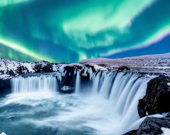 Northern Lights Over Godafoss, Wooden Jigsaw Puzzles for Adults 200 Uniquely Shaped Pieces by Nautilus Puzzles® Landscape  Puzzle Gift