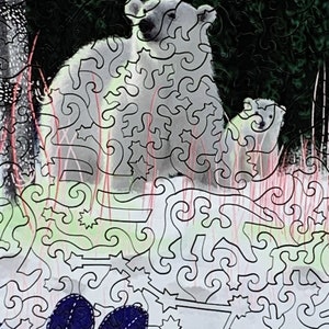 May include: A white polar bear and her cub stand in a snowy forest. The bear is looking to the right, while the cub is looking at the viewer. The background is a dark green forest with white snow on the ground.