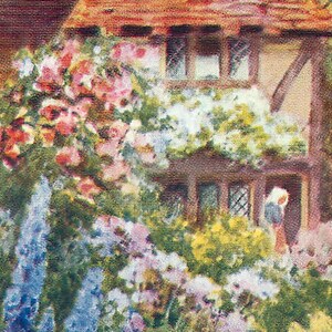Puede incluir: Una pintura colorida de una caba&ntilde;a con tejado de tejas rojas, rodeada de un jard&iacute;n vibrante. El jard&iacute;n presenta una variedad de flores en tonos rosas, rojos, amarillos y azules, creando una escena pintoresca.