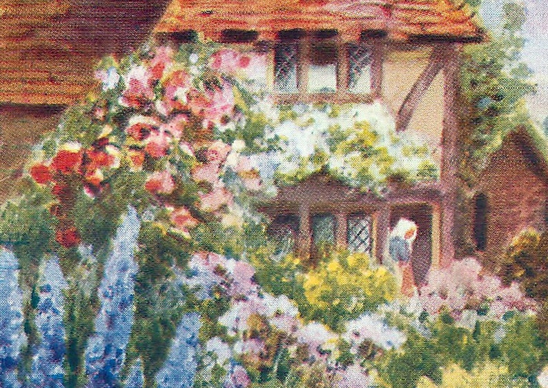 Puede incluir: Una pintura colorida de una caba&ntilde;a con tejado de tejas rojas, rodeada de un jard&iacute;n vibrante. El jard&iacute;n presenta una variedad de flores en tonos rosas, rojos, amarillos y azules, creando una escena pintoresca.
