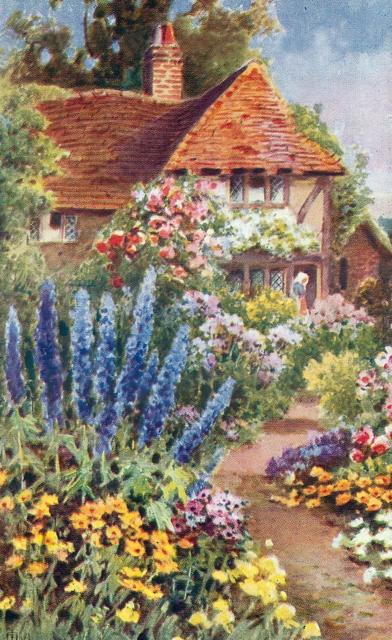 Puede incluir: Una pintura id&iacute;lica de una caba&ntilde;a con tejado de tejas rojas, rodeada de un jard&iacute;n vibrante. El jard&iacute;n presenta una variedad de flores coloridas, incluyendo flores azules, amarillas y rosas, con un camino que conduce a la caba&ntilde;a.