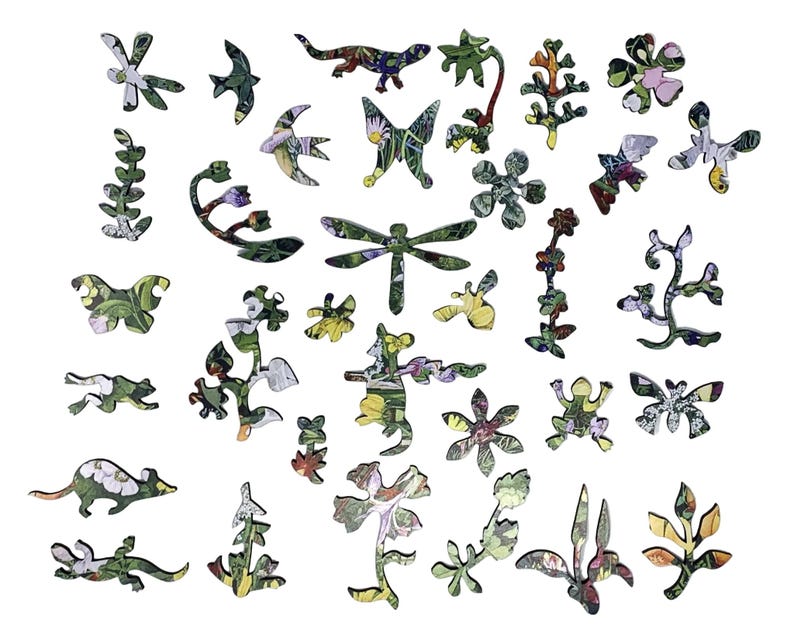 May include: A collection of wooden puzzle pieces in various shapes, including flowers, insects, and leaves. The pieces are decorated with a floral and nature-themed pattern in shades of green, white, and yellow, creating a whimsical and engaging design.
