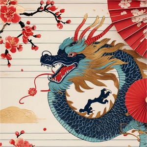 May include: An illustration of a blue dragon with gold and teal accents, red horns, and an open mouth. The dragon is set against a cream-colored background with red cherry blossoms and a red fan. The dragon's body is wrapped around a white circle with a black claw.