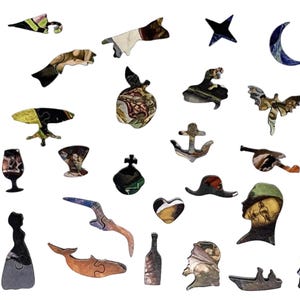 May include: A collection of wooden jigsaw puzzle pieces in various shapes, including a star, crescent moon, and a bottle. The pieces feature images of art, a tree, a shoe, and a person.
