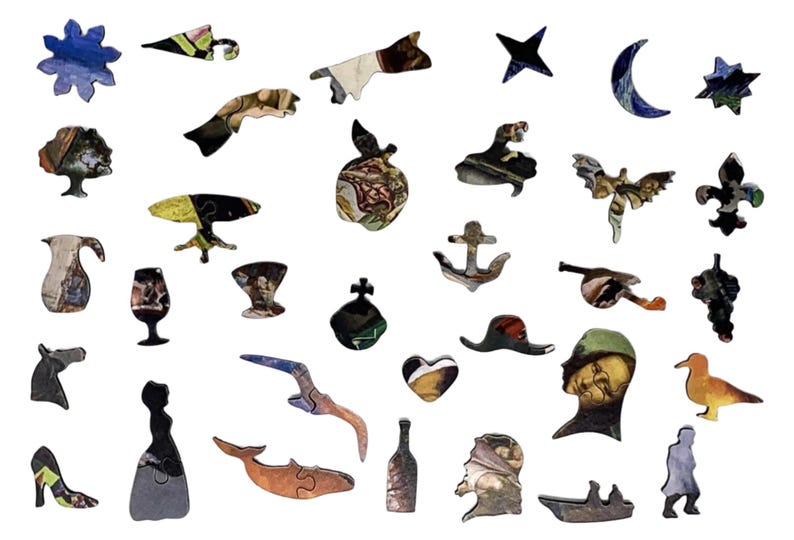 May include: A collection of wooden jigsaw puzzle pieces in various shapes, including a star, crescent moon, and a bottle. The pieces feature images of art, a tree, a shoe, and a person.