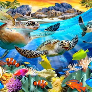 May include: A vibrant underwater scene featuring sea turtles, colorful fish, and coral reefs. The image showcases various species of fish, including clownfish, and a variety of coral formations. The background includes a blue ocean and a glimpse of a tropical island.