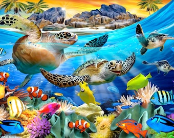 May include: A vibrant underwater scene featuring sea turtles, colorful fish, and coral reefs. The image showcases various species of fish, including clownfish, and a variety of coral formations. The background includes a blue ocean and a glimpse of a tropical island.