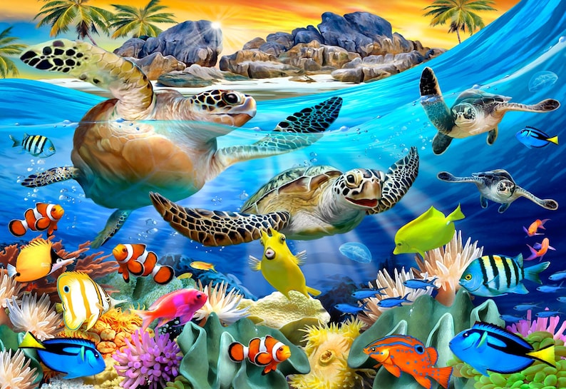 May include: A vibrant underwater scene featuring sea turtles, colorful fish, and coral reefs. The image showcases various species of fish, including clownfish, and a variety of coral formations. The background includes a blue ocean and a glimpse of a tropical island.