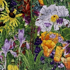 May include: A colorful jigsaw puzzle featuring a vibrant garden scene. The image showcases a variety of flowers, including yellow coneflowers, purple irises, and orange poppies, set against a backdrop of green foliage. The puzzle pieces are outlined in black.