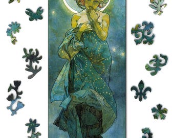 Alphone Mucha puzzle in Art Nouveau style with whimsy pieces - Fine art wood jigsaw puzzle for adults anniversary gift for her -122 Pieces
