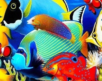 May include: A vibrant image of various tropical fish, including a clownfish, a blue tang, and a yellow tang. The fish are brightly colored with patterns of blue, yellow, orange, and black, set against a blue background. The image showcases the diversity of marine life.