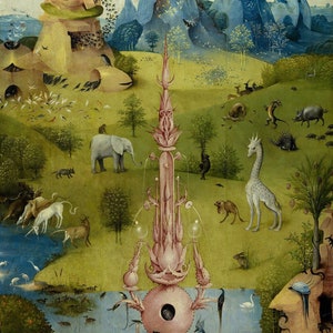 May include: A surreal landscape painting with a central fountain, surrounded by various animals, including a giraffe, an elephant, and a unicorn. The painting features a vibrant color palette with shades of blue, green, and pink.
