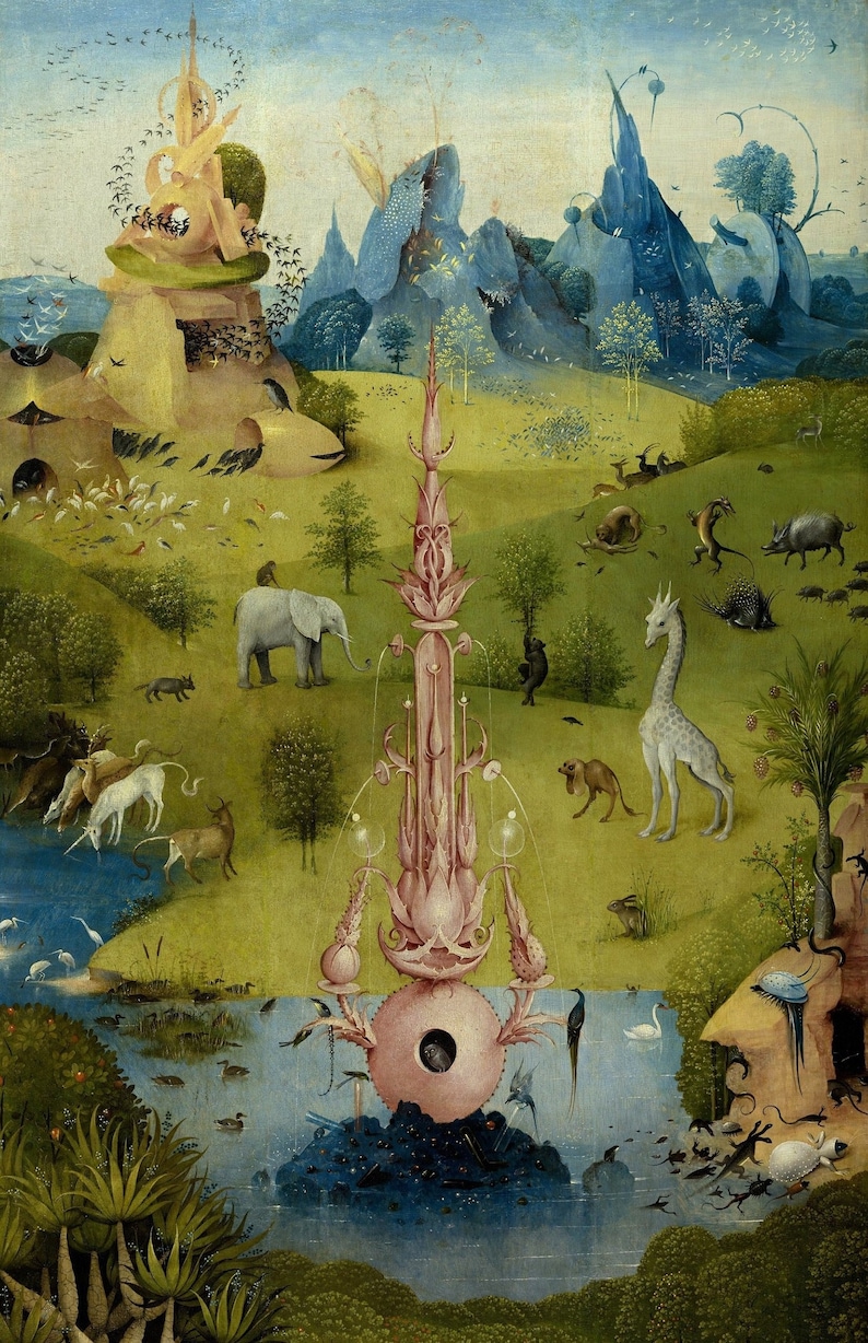May include: A surreal landscape painting with a central fountain, surrounded by various animals, including a giraffe, an elephant, and a unicorn. The painting features a vibrant color palette with shades of blue, green, and pink.