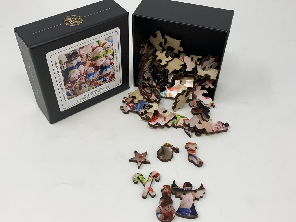 Wooden Puzzles For Adults Smiling Snowmen 51 Piece Mini Etsy