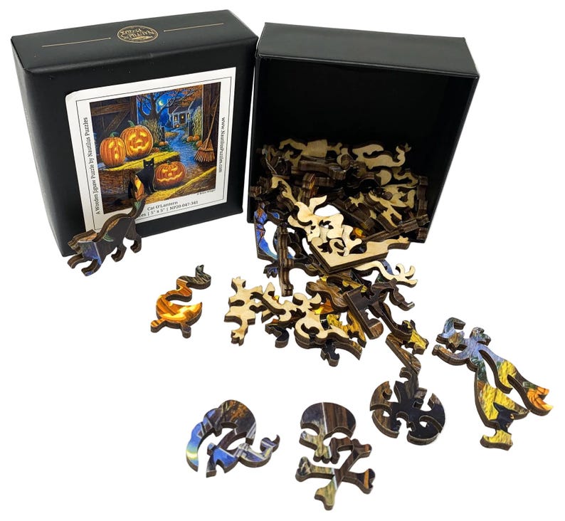 Wooden Jigsaw Puzzles For Adults - Cat O'Lantern 47 Pieces Made in the USA by Nautilus Puzzles® Witchy Puzzle, Spooky Cat Puzzle image 5