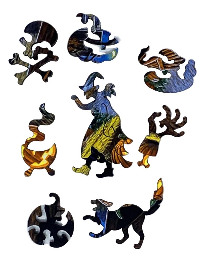 Wooden Jigsaw Puzzles For Adults - Cat O'Lantern 47 Pieces Made in the USA by Nautilus Puzzles® Witchy Puzzle, Spooky Cat Puzzle image 2