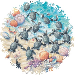 Turtle Hatchlings Wooden Jigsaw Puzzles for Adults 361 Piece by NautilusPuzzles® - Beach Puzzle, Summer Gift For Her, Unusual Shapes Puzzle