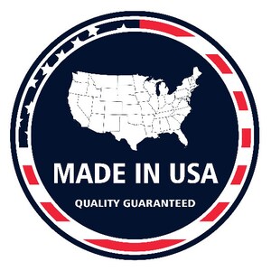 May include: A circular emblem with a navy blue background, featuring a white outline of the United States map. The text "MADE IN USA" is in white, with "QUALITY GUARANTEED" below. The border is red and white.