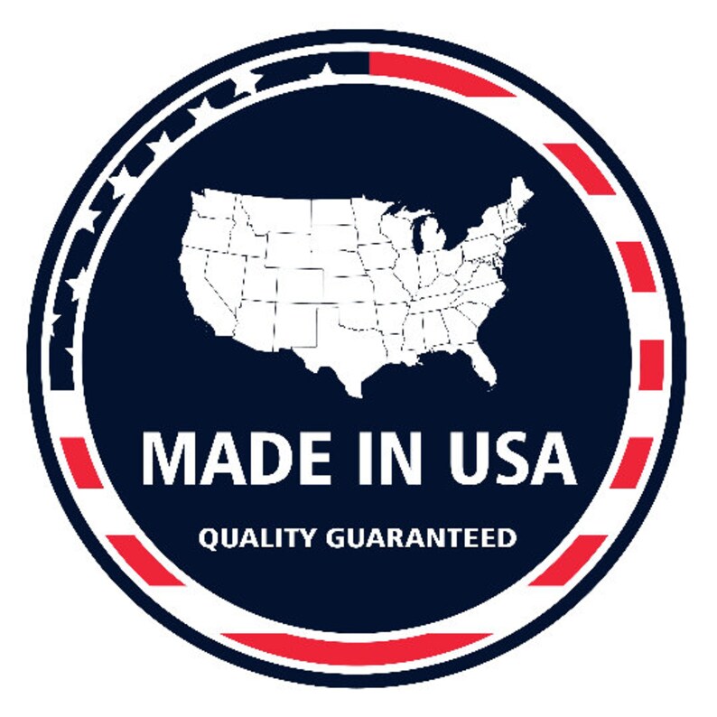 May include: A circular emblem with a navy blue background, featuring a white outline of the United States map. The text "MADE IN USA" is in white, with "QUALITY GUARANTEED" below. The border is red and white.
