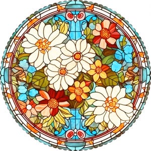 May include: Circular stained glass panel featuring a floral design. The artwork showcases white, orange, and red flowers with green leaves, set against a blue and orange background. The panel is framed with a decorative border.