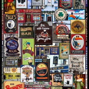 May include: A collage of Irish pub signs, featuring various names, logos, and illustrations. Signs include "Murphys," "Guinness," and "The Temple Bar," showcasing a variety of fonts, colors, and designs, advertising Irish stout and cuisine.