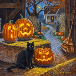May include: A black cat sits in front of a pile of hay with four jack-o'-lantern pumpkins. The pumpkins are carved with different faces and lit from within. The scene is set in a barn with a wooden door and a path leading out to a house in the distance.